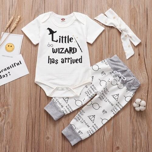 2021 New Infant baby clothing set Little Wizard has arrived Outfit Romper+pants+Hat 3PCS Baby Clothes outfit