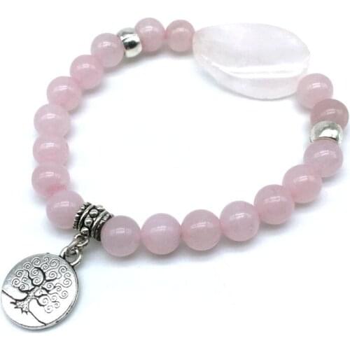 BEADZTALK Natural stone Beads Bracelets Rose Crystal Bangle Carnelian Round Beads Women Jewelry Metal Tree Charm Bracelet