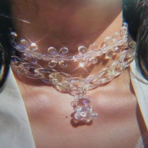 Transparent Flower Bear Pendant Necklace For Women Girl Animal Acrylic Shining Novelty Cute Harajuku Choker Necklace Jewelry