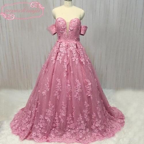 Pink prom dresses lace appliques 2020 real picture sweetheart neckline beaded flowers lace ball gown evening dresses