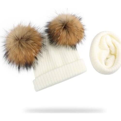 Autumn Winter Baby Girl Natural Raccoon Fur Double Pompom Hat And Scarf Genuine Pompon Cap For Kids Children Bonnet