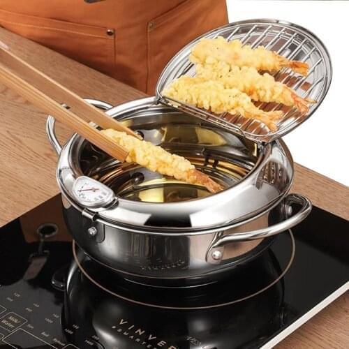 Stainless Steel Frying Pan Kitchen Deep Frying Pot Temperature Control Fried with Lid Non Stick Frying Pan Kitchen Tools