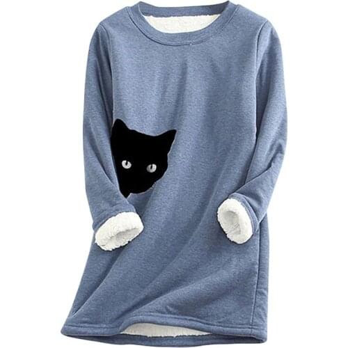 Women Thick Fleece Sweatshirt Cat Print Velvet O-neck Underwear Tops Ladies Warm Hoodies Female Pullover Sudadera Mujer