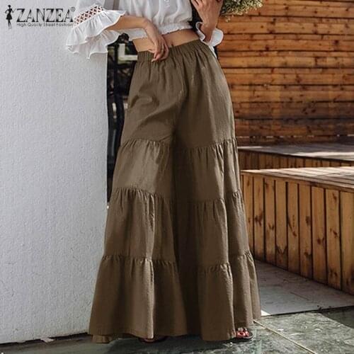 ZANZEA 2021 Ruffle Trousers Fashion Womens Wide Leg Pants Elastic Waist Pantalon Palazzo Female Oversized Solid Casual Turnip