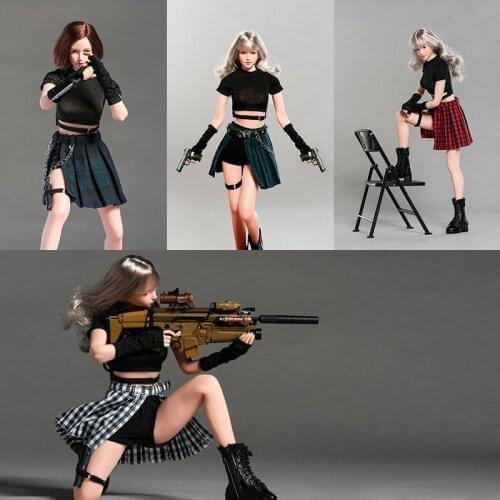 1/6 Female Black Short Sleeves Top Pleated Plaid Skirt Set CHILI TOYS CL001 Clothes Accessories Fit 12'' TBL PH Action Figure