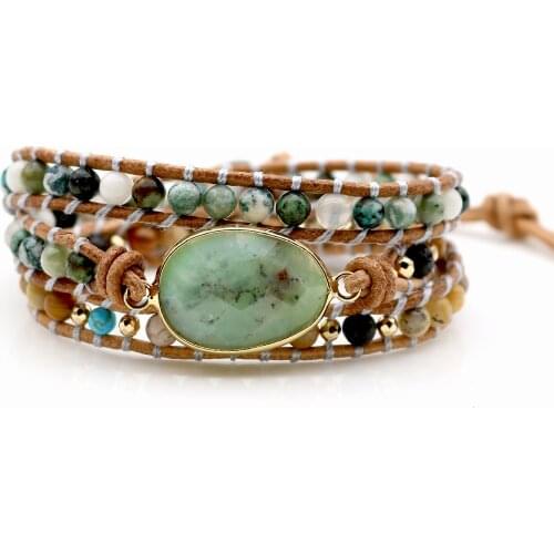 Women Wrap Bracelets Natural Australian Jade Stone Beads 3 Strands Leather Bracelet