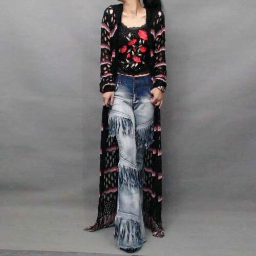 Italian Style Spliced Women Knitted Long Sweater Tassels Maxi Cardigan Hollow Out Female Casual Cap Maxi Poncho Outwear Coats