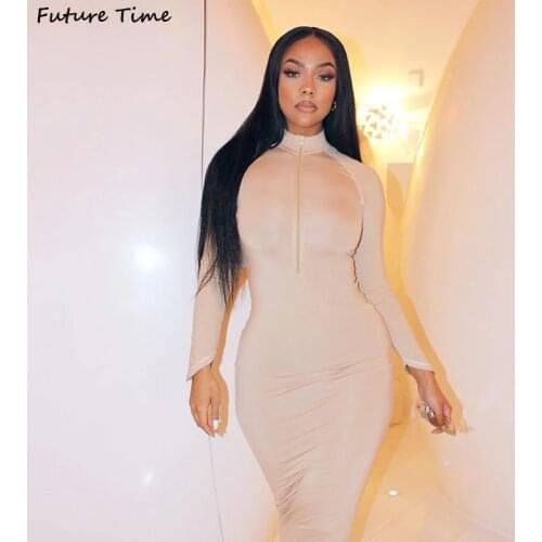 Dress Women Sexy Bodycon Dresses Party Autumn Zippers Long Sleeve Round Neck Long Dress C2179