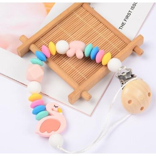 1Pcs Baby pacifier Chain Safe Silicone Round Beads Wood Clip Newborn Baby Teething Food Grade Silicone Nipple Holder Chain