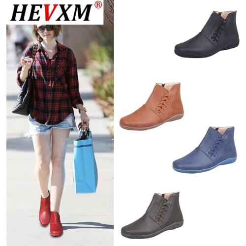 2020 Women Socofy Leather Ankle Boots Womens Comfortable Slip on Booties Autumn Winter Ladies Flat Shoes Plus Size 43