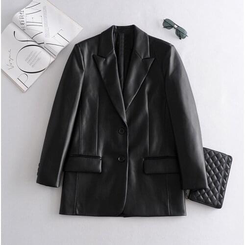 2021 Long PU Faux Leather Blazers Women Leather Jacket Coat Brand New Womens Jackets Outerwear Ladies Coats Female Leather Suit