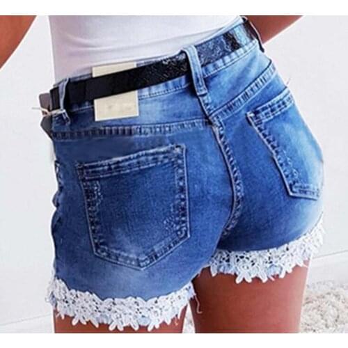 2021 Summer New Style Womens Denim Shorts Fashion Trimmed With White Lace Short Pants Female Stretch Slim Skinny Shorts