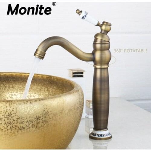 Antique Brass Bathroom Faucet Bathroom Basin Vessel Sink Mixer Faucet Tap Ceramic Single Handle Deck Mounted Basin Faucet