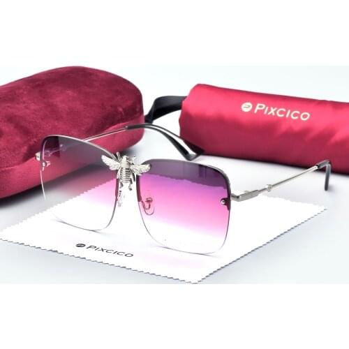 B51007 With Red Flocking Case Luxury Metal Big Bee Square Sunglasses UV400