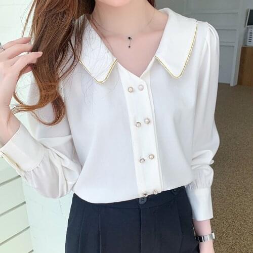 Blouses Shirts Women Autumn Double Breasted Long Sleeve Fashion Solid Korean Style Loose Chic Womens Elegant New Woman Blouse