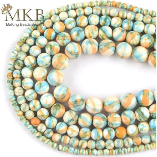 Natural Blue Orange Stripes Rain Stone Beads Round Space Loose Beads For Jewelry Making 4mm-10mm DIY Bracelet Necklace Strand15"