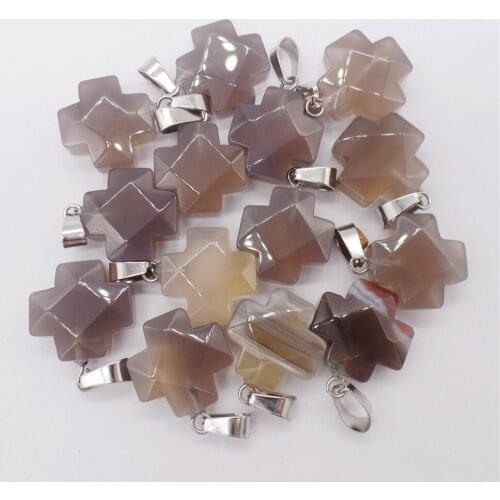 10Pcs 16x7mm Brown And Gray Agate Facet Cross Pendant Beads For DIY Jewelry Making Necklace Accessories Lucky Gift