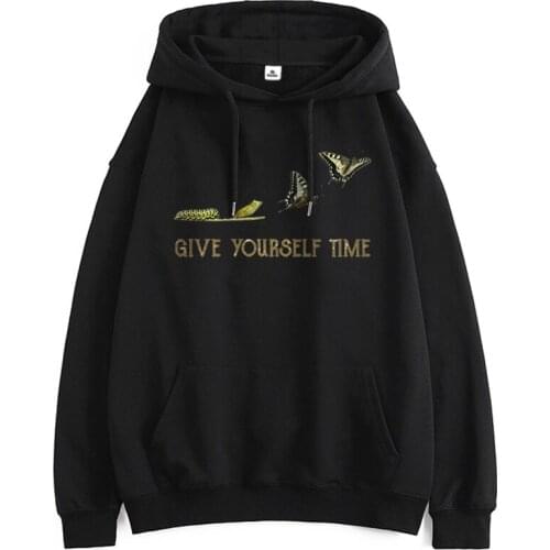 Give Yourself Time Hooded Ladies Streetwear Harajuku Sweatshirt Vintage Leisure Tops Standard Cotton Polyester Fleece Sudaderas