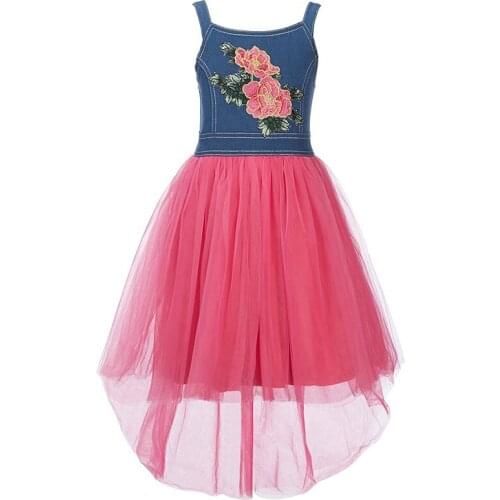 Yatheen Girls 4T-16T Embroidery Floral Denim Kids Dress Party Dresses