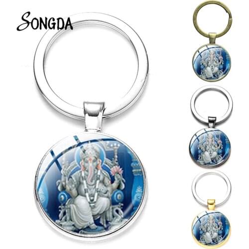 Ganesha Buddha Elephant Keychain Hindu Elephant Lord Lotus Meditation Spiritual Glass Pendant Key Chain Ring Women Men Jewelry