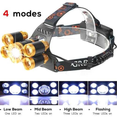 GM Powerful 10w Camping Headlamp Professional 4-Mode Rechargeable Headlight Waterproof 5 LED Head Torch Use 18650 Battery