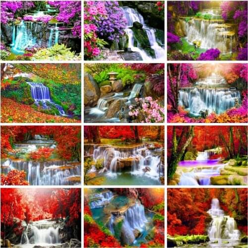Huacan Full Square/round Diamond Painting Waterfall Flower Home Decor Embroidery Natural Scenery Mosaic Tree Wall Decor