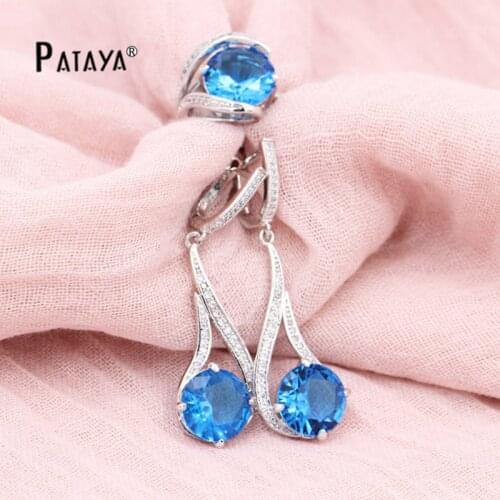 PATAYA Bride Wedding Jewelry Sets Blue Round Natural Zircon Earrings Ring True White Gold Rainbow Accessories Vintage Jewelry