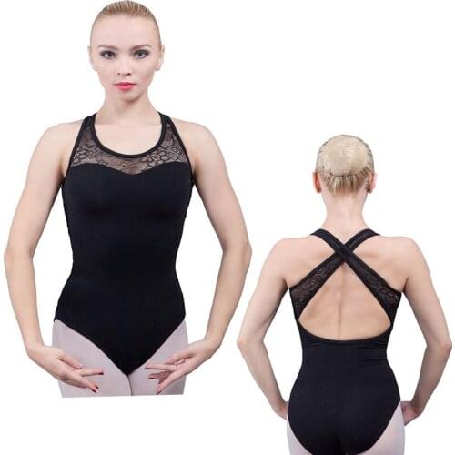 Halter High Neck Black Cotton Lycra Dance Leotard with Crisscross Lace on Back Design Drop Shipping 01D0057
