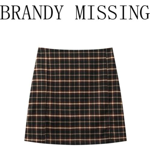 Sweet Girls Vintage High Waist Mini Skirt 2021 Spring-autumn Fashion Ladies All-match Women Brown Grid Split Hip Skirt