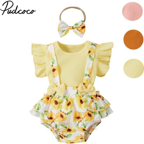 Toddler Baby Sunflower Printing Three-pieces Set, Infant Girl O-neck Flying Sleeve Tops + Suspender Shorts + Headband Set Summer
