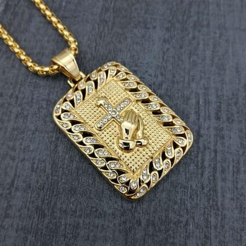 New gold color cross Hands Hiphop Bling Necklace with zircon Mens Religious Jewelry Iced Out Prayer Jesus Women Men Gift