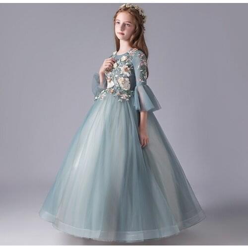 Flower Girl Dress Princess Appliques Pearls Floor-Length Full Embroidery Green Lace Tulle Ball Gown O-Neck Kids Party Skirt H129