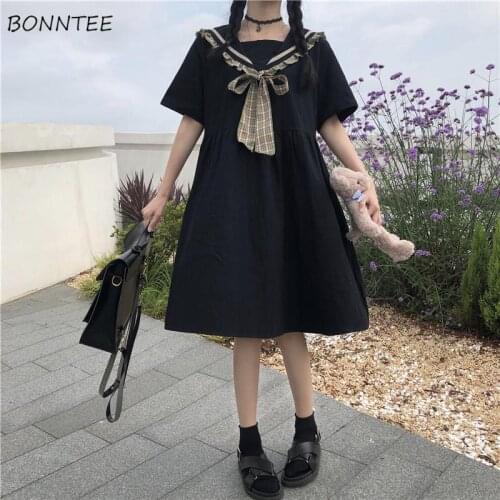 Dress Women Japanese Style Sailor Collar A-line Kuawaii Ruffles Bow Leisure Baggy Summer Students Retro Comfortable Harajuku