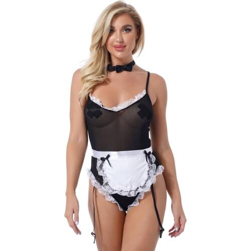 Sexy Black 4Pcs Women Lingerie Set See-Through Mesh Lace Jumpsuit With Apron G-String Briefs And Tie Knot Set Underwear