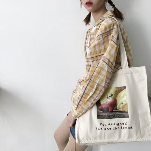 Women Large Capacity Canvas Bag Strawberry Rose Print Shoulder Bag Cotton Fabric Shopping Bags Books Handbag Big Tote For Girls