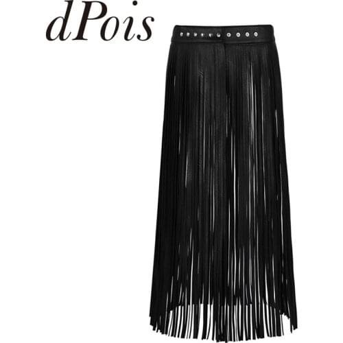 Womens Lady High Waist Skirts Faux Leather Hippie Boho Adjustable Waistband Fashion Long Fringe Tassel Skirt Belt Beachwear