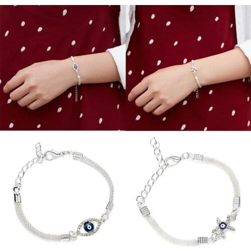 Elegant Blue Evil Eye Starfish Silver Plated ECG Round Hollow Bracelet Women Silver Chain Charm Bracelet & Bangle Jewelry