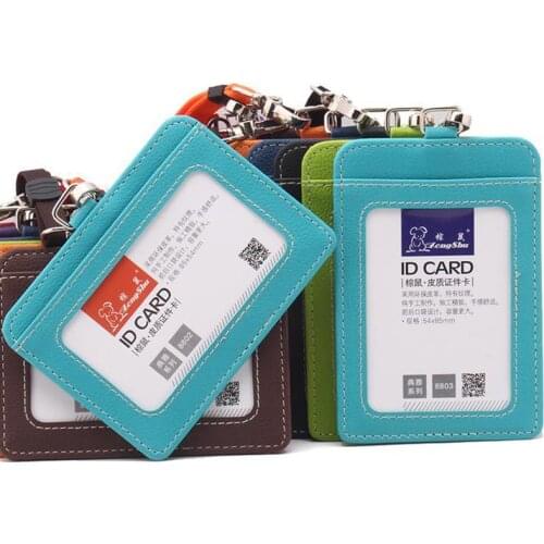 High Quality 1PCPU leather Work Name Card Holders with rope Business Work Card ID Badge Lanyard Holder Vertical ID Business Case