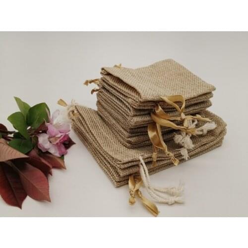 100pcs Silk Ribbon/Cotton Jewelry Packaging Bag Sack Jute Jewelry Packaging Display Bags Sachet Gift Bag Storage Drawstring Bags
