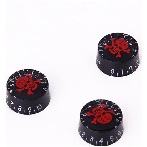3 Black Control Knobs for Electric Guitar W/ Red Skull Head Crossbones New