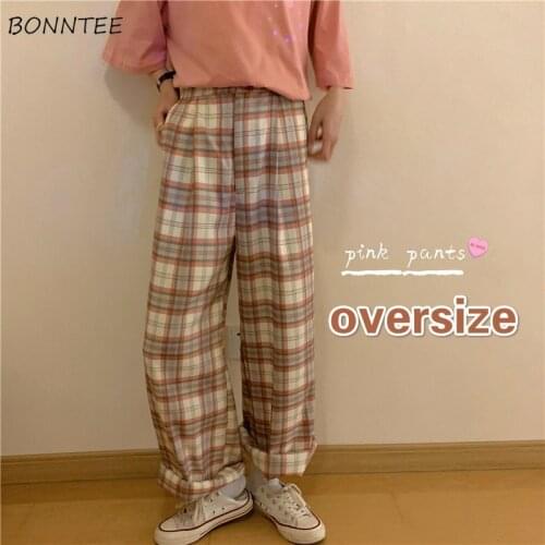 Wide-leg Pants Women Thick Fall Plus Size 4XL Chic Trendy Harajuku Plaid Teens High Waist Trouser Simple Korean Couples Clothing