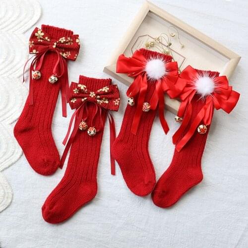 Kids Baby Autumn Winter Girls Christmas Bow Socks Knee Length Toddler Red New Year Xmas Soft Children Long Sock S12745