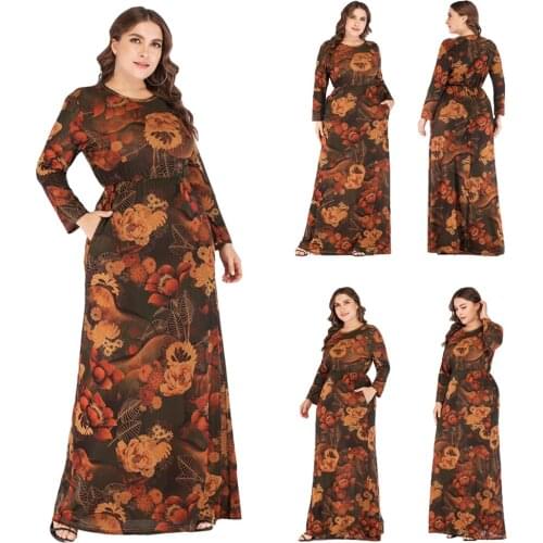 Floral Printed Long Dress Muslim Women Abaya Plus Size Loose Arab Jilbab Bohemian Long Sleeve Ethnic Vintage Maxi Robe Fashion