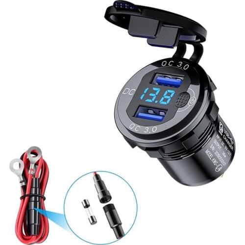 Dual QC3.0 USB Charger Quick Charge USB Socket Adapter Power Outlet With Voltmeter + Switch For 12V-24V Car Boat Motorcycle