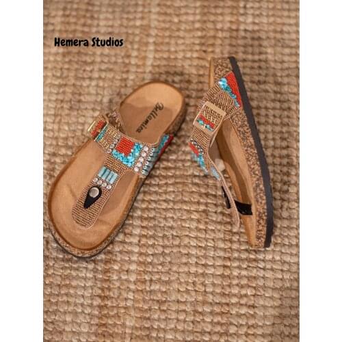 Hemera Studios womens platform flat sandals, embellished flip flops multi-colored summer espadrilles