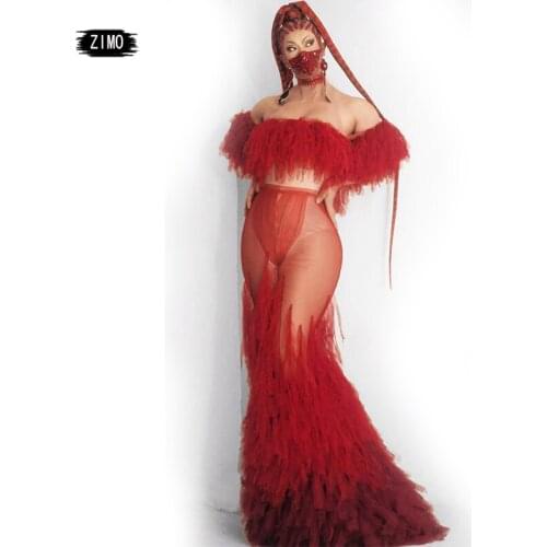 Red Tassel Mesh Perspective Party Dress Women Sexy Banquet Stage Wedding Performance Dance Costume Mermaid Dress Stage Clothes