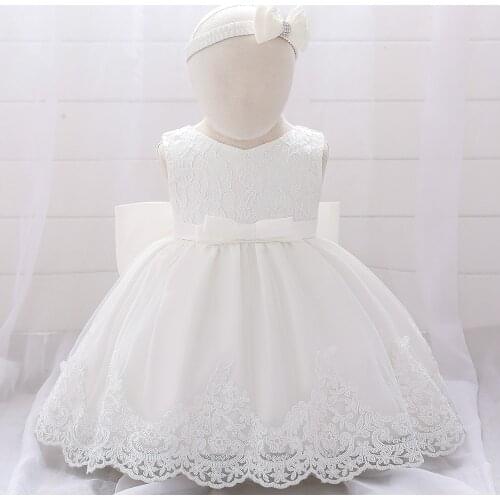 Baby Girl Lace Dress Christening Baptism Gowns with Headband Flower Girl Wedding Birthday Formal Dress