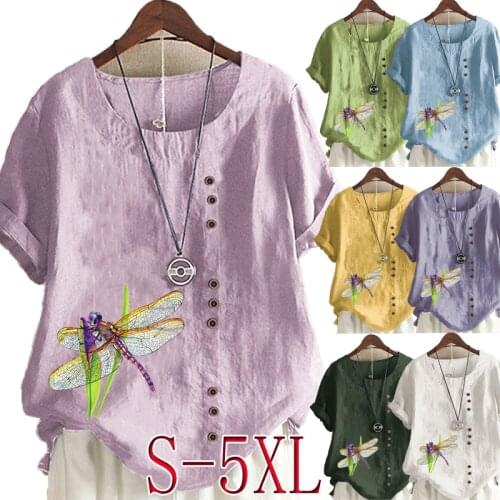 Fashion Summer Casual Dragonfly Print Loose T-shirt Retro Cotton and Linen O-neck Plus Size Short-sleeved Womens Top S-5XL