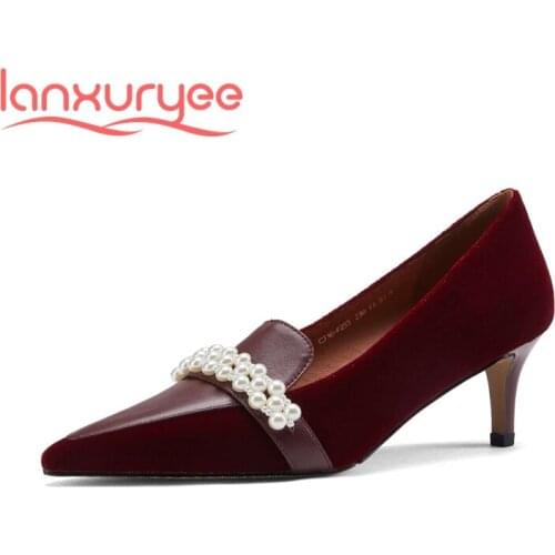 Lanxuryee new patchwork sheep leather pointed toe thin high heels pearl decoration retro fashion French romantic women pumps L49