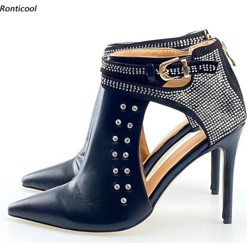 Ronticool New Fashion Women Spring Pumps Rhinestone Studs Stiletto Heel Pointed Toe Fabulous Black Party Shoes US Plus Size 5-15